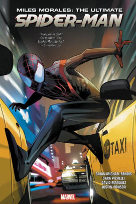 Cover of Miles Morales: The Ultimate Spiderman, showing Spiderman in black suit standing between two moving yellow taxis.