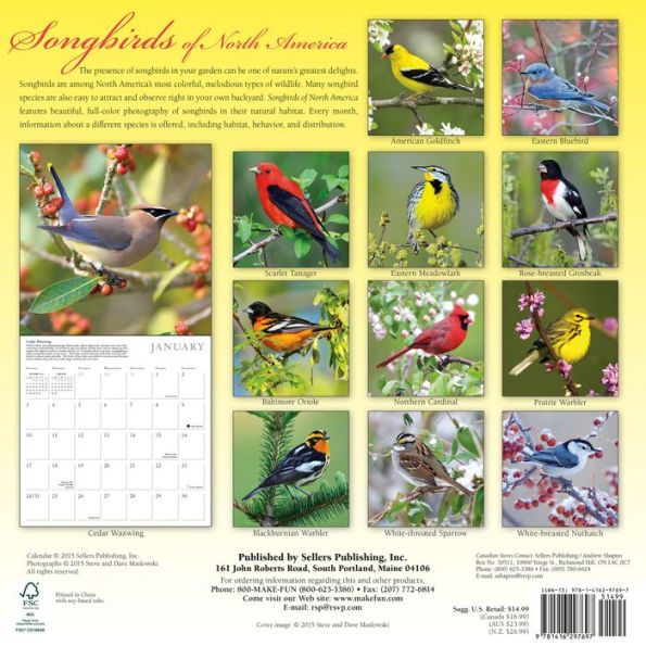 2016 Songbirds of North America Wall Calendar