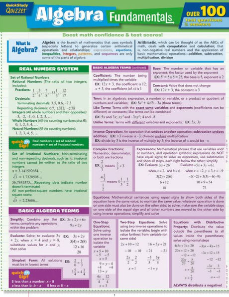 Algebra Fundamentals Quizzer: QuickStudy Laminated Reference Guide