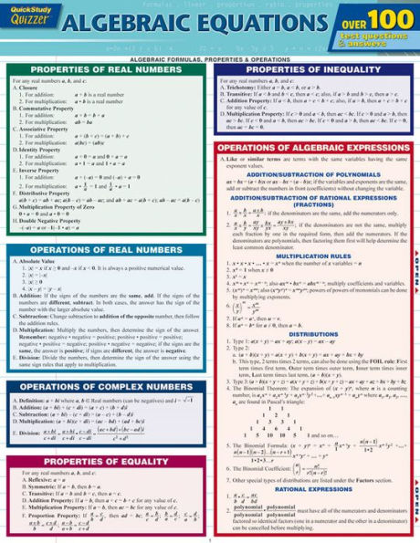 Algebraic Equations Quizzer: QuickStudy Laminated Reference Guide