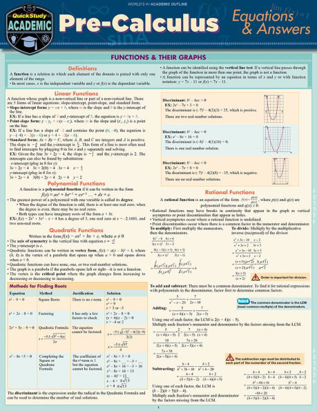 Pre-Calculus Equations & Answers: a QuickStudy Laminated Reference Guide