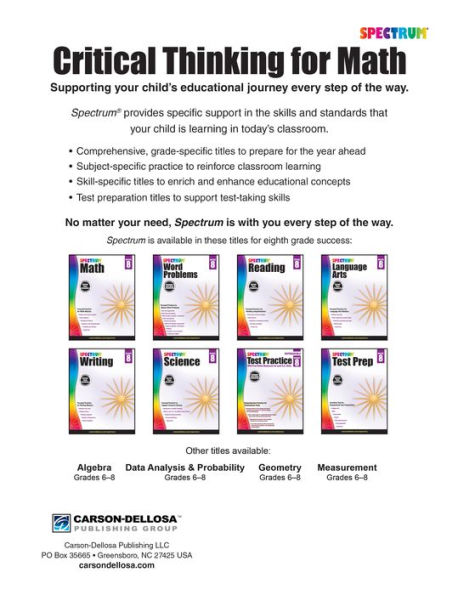 Spectrum Critical Thinking for Math, Grade 8