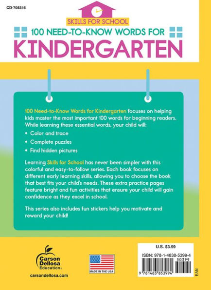 Skills for School 100 Need-to-Know Words for Kindergarten