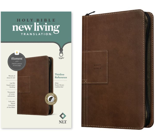 NLT Thinline Reference Zipper Bible, Filament-Enabled Edition (LeatherLike, Atlas Rustic Brown, Indexed, Red Letter)