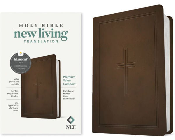 NLT Premium Value Compact Bible, Filament Enabled (LeatherLike, Dark Brown Framed Cross)