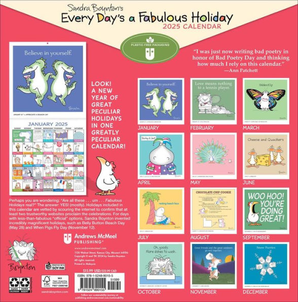 Sandra Boynton's Every Day's a Fabulous Holiday 2025 Wall Calendar