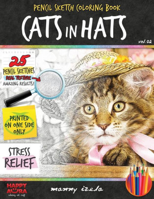 Adult Coloring Book - Cats in Hats - Grayscale Sketch Coloring Pages
