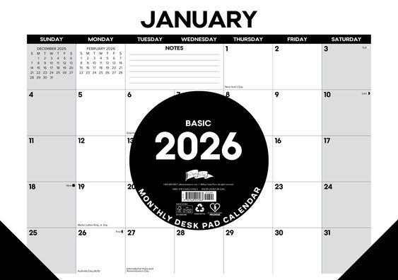 Basic 2026 17 X 12 Small Monthly Deskpad