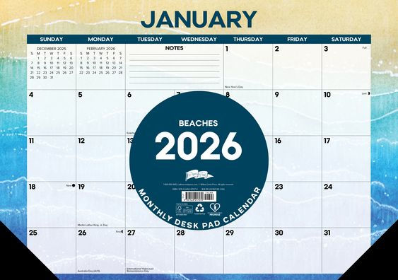 Beaches 2026 17 X 12 Small Monthly Deskpad