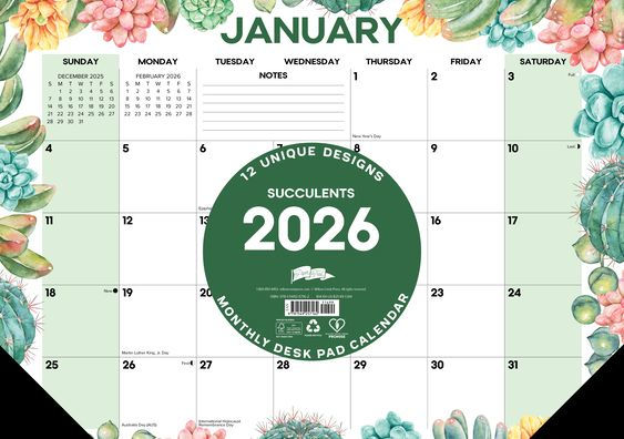 Succulents 2026 17 X 12 Small Monthly Deskpad