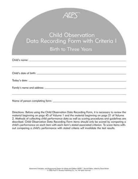 AEPS Child Observation Data Recording Forms Packs of 10