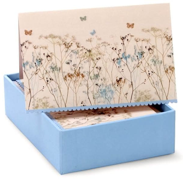 Blue Flowers and Gold Butterfly Boxed Notecards- Set of 14