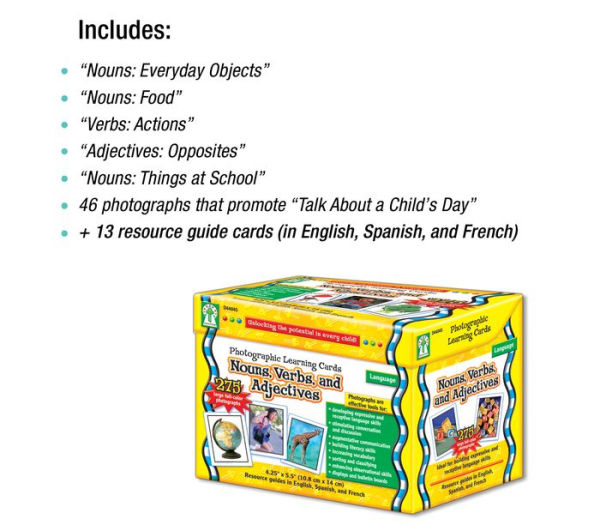 Nouns, Verbs and Adjectives Learning Cards: Photographic Learning Cards