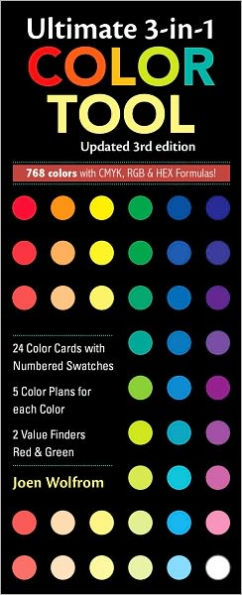 Ultimate 3-in-1 Color Tool: -- 24 Color Cards with Numbered Swatches -- 5 Color Plans for each Color -- 2 Value Finders Red & Green