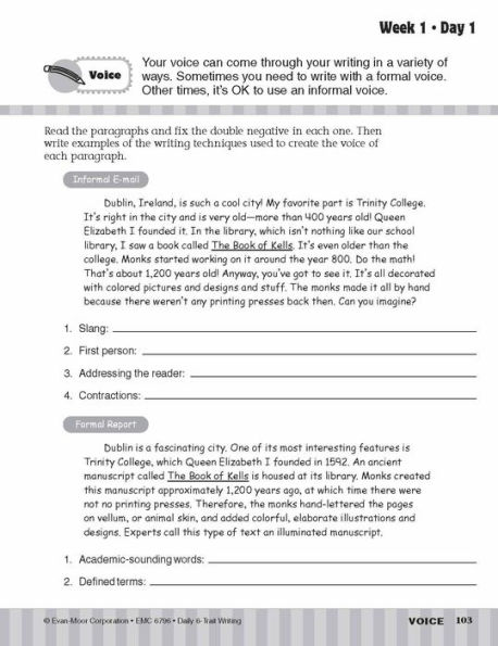 Daily 6-Trait Writing, Grade 6 Student Edition Workbook