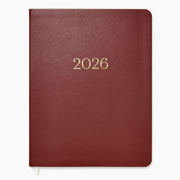 2025-2026 Paper Source Maroon Leather 18-Month Monthly Desk Planner