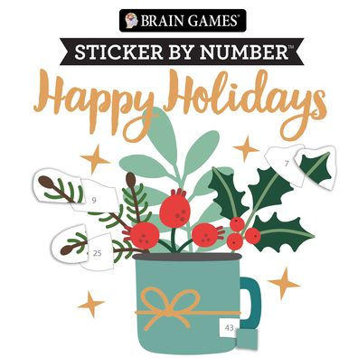 Brain Games - Sticker by Number Compact Edition: Happy Holidays 7x7 Inches Christmas Stocking Stuffer, Travel Size Activity Book for Adults & Kids 7+