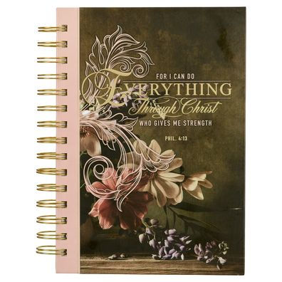 Christian Art Gifts Inspirational Spiral Journal Lined Notebook for Women Everything Through Christ Phil. 4:13 Pink 192 Ruled Pages, Large Wire Bound Hardcover