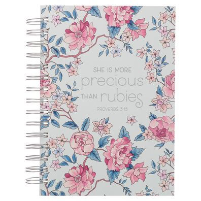 Christian Art Gifts Journal W/Scripture for Women More Precious Than Rubies Proverbs 3:15 Bible Verse Light Blue W/Pink Flowers 192 Ruled Pages, Large Hardcover Notebook, Wire Bound