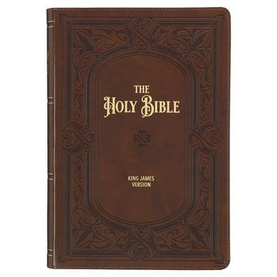 KJV Study Bible, Large Print King James Version Holy Bible, Thumb Tabs, Ribbons, Faux Leather Saddle Tan Framed Art Nouveau Debossed