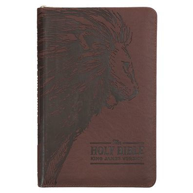 KJV Holy Bible, Standard Size Faux Leather Red Letter Edition - Thumb Index & Ribbon Marker, King James Version, Brown Lion Zipper Closure