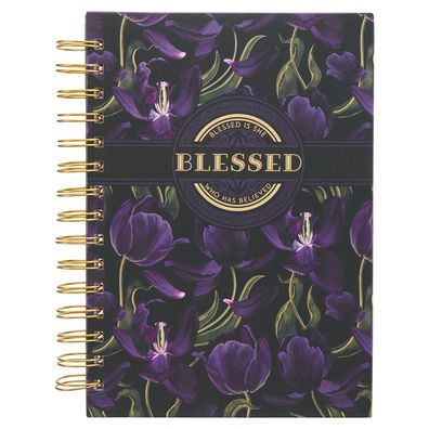 Christian Art Gifts Journal W/Scripture Floral Blessed Luke 1:45 Bible Verse Black Purple 192 Ruled Pages, Large Hardcover Notebook, Wire Bound