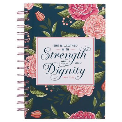 Christian Art Gifts Journal W/Scripture Strength & Dignity Proverbs 31:25 Bible Verse Navy Floral 192 Ruled Pages, Large Hardcover Notebook, Wire Bound