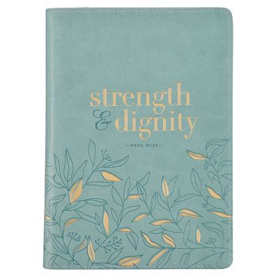 Christian Art Gifts Scripture Journal Strength Dignity Proverbs 31:25 Bible Verse Inspirational Faux Leather Notebook, Zipper Closure, 336 Ruled Pages, Ribbon