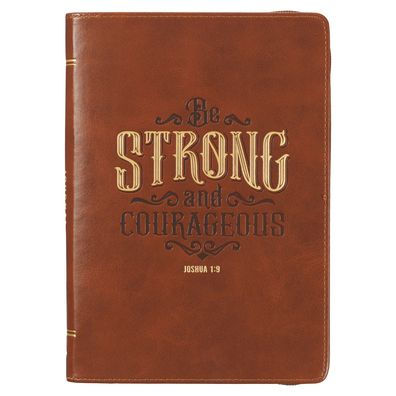 Christian Art Gifts Scripture Journal Brown Be Strong Joshua 1:9 Bible Verse Inspirational Faux Leather Notebook, Zipper Closure, 336 Ruled Pages, Ribbon