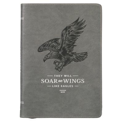 Christian Art Gifts Scripture Journal Gray Wings Like Eagles Isaiah 40:31 Bible Verse Inspirational Faux Leather Notebook, Zipper Closure, 336 Ruled Pages, Ribbon