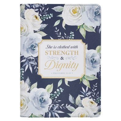 Christian Art Gifts Blue Vegan Leather Zipped Journal, Inspirational Women's Notebook Floral Strength & Dignity Scripture, Flexible Cover, 336 Ruled Pages, Ribbon Bookmark, Proverbs 31:25 Bible Verse