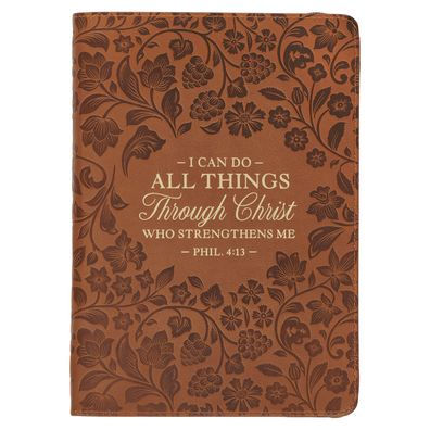 Christian Art Gifts Brown Vegan Leather Zipped Journal, Inspirational Women's Notebook Floral All Things Scripture, Flexible Cover, 336 Ruled Pages, Ribbon Bookmark, Phil. 4:13 Bible Verse