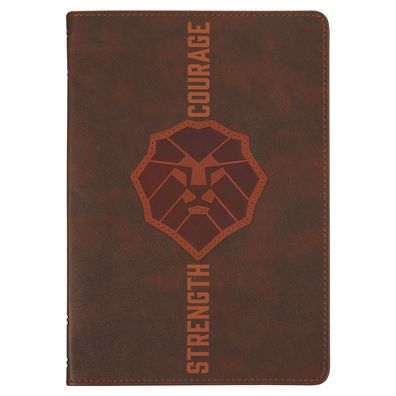 Christian Art Gifts Brown Vegan Leather Zipped Journal, Inspirational Men's Notebook Lion Strength & Courage Scripture, Flexible Cover, 336 Ruled Pages, Ribbon Bookmark, Joshua 1:9 Bible Verse