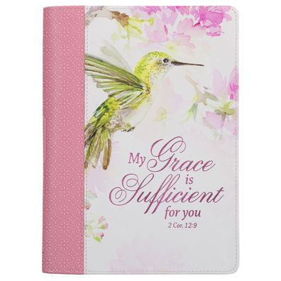 Christian Art Gifts Pink Vegan Leather Zipped Journal, Inspirational Women's Notebook My Grace Scripture, Flexible Cover, 336 Ruled Pages, Ribbon Bookmark, 2 Cor. 12:9 Bible Verse