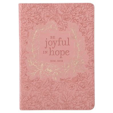 Christian Art Gifts Classic Journal Joyful in Hope Romans 12:2 Inspirational Scripture Notebook, Ribbon Marker, Pink Gold Floral Faux Leather Flexcover, 336 Ruled Pages