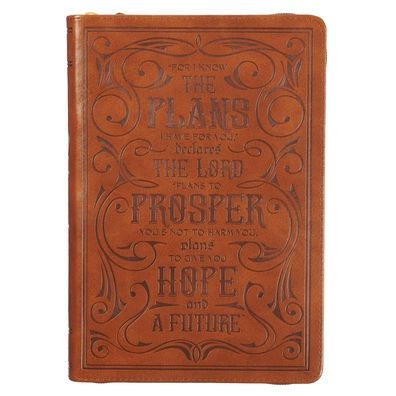 Classic Faux Leather Journal for I Know the Plans Jeremiah 29:11 Bible Verse Bible Verse Brown Inspirational Notebook, Lined Pages W/Scripture, Ribbon Marker, Zipper Closure