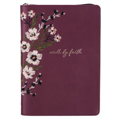 Classic Faux Leather Journal Walk by Faith 2 Corinthians 5:7 Burgundy Inspirational Notebook, Lined Pages W/Scripture, Ribbon Marker, Zipper Closure