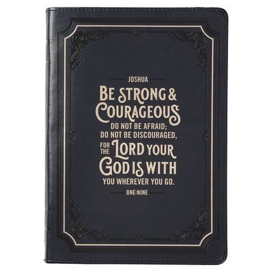 Classic Faux Leather Journal Be Strong Josh. 1:9 Blue Inspirational Notebook, Lined Pages W/Scripture, Ribbon Marker, Zipper Closure