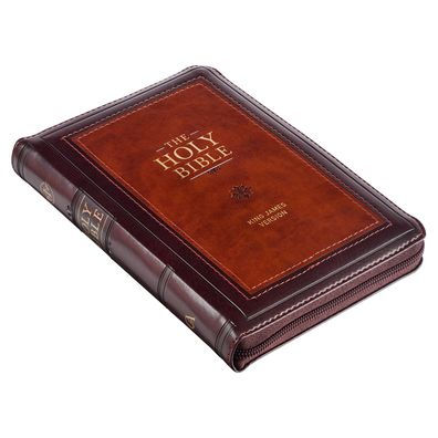 KJV Holy Bible, Compact Faux Leather Red Letter Edition - Ribbon Marker, King James Version, Burgundy/Saddle Tan, Zipper Closure