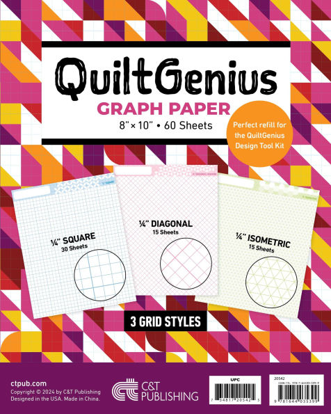 QuiltGenius Graph Paper: 8" x 10", 60 Sheets; 3 Grid Styles, 1/4" Square (30 Sheets), 1/4" Diagonal (15 Sheets) & 1/4" Isometric (15 Sheets)