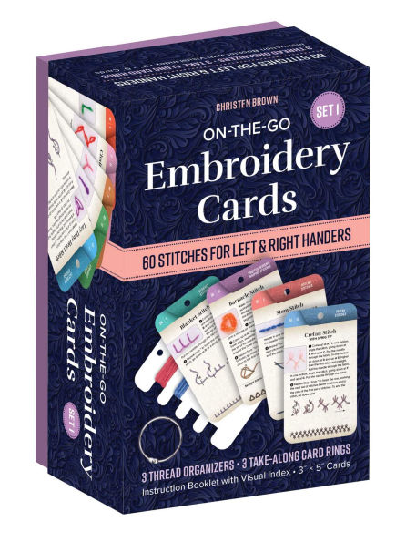 On-the-Go Embroidery Cards Set 1: 60 Stitches for Left & Right Handers, 3 Thread Organizers, 3 Take-Along Rings