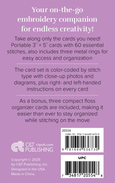 On-the-Go Embroidery Cards Set 1: 60 Stitches for Left & Right Handers, 3 Thread Organizers, 3 Take-Along Rings