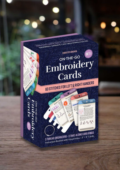 On-the-Go Embroidery Cards Set 1: 60 Stitches for Left & Right Handers, 3 Thread Organizers, 3 Take-Along Rings