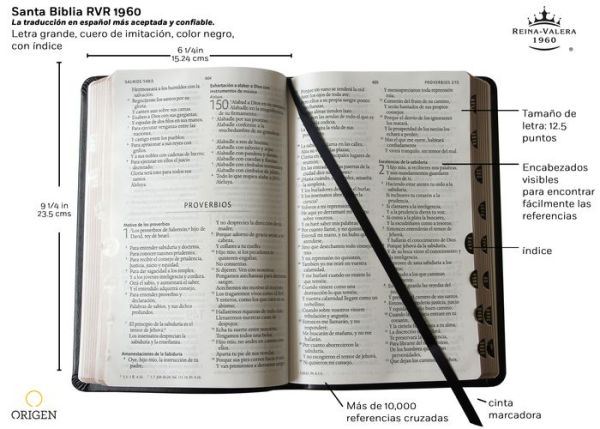 Biblia Reina Valera 1960 letra grande. Símil piel negro, índice, tamaño manual / Spanish Bible RVR 1960. Handy Size, Thumb Index, Large Print, Black Leat