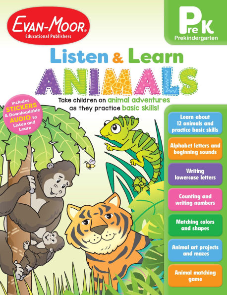 Animals, PreK Workbook: Listen and Learn Audio Workbook, Reading and Math