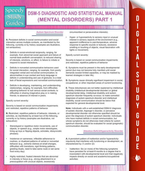 DSM-5 Diagnostic and Statistical Manual (Mental Disorders) Part 1: (Speedy Study Guides)