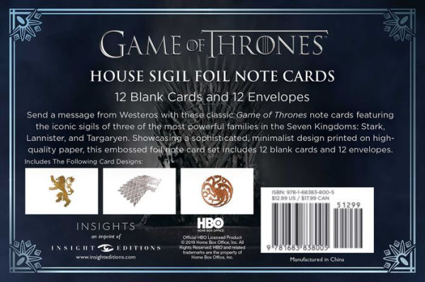 Game of Thrones: House Sigil Foil Note Cards