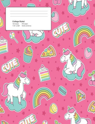 7.44 x 9.69 Unicorn Pink College Ruled Lined Pages Book Composition Notebook