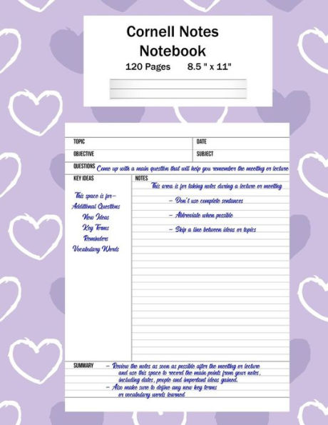 Cornell Notes Notebook: Note Taking System, For Students, Writers, Meetings, Lectures Large Size 8.5 x 11 (21.59 x 27.94 cm), Durable Matte Purple Hearts Cover Design, 120 Pages