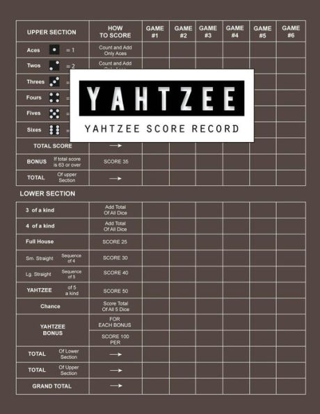 Yahtzee Score Record: Yahtzee Games Record Score, Scoresheet Keeper Notebook, Yahtzee Score Sheet, Yahtzee Score Card, Write in the Player Name and Record Dice Thrown, 100 Pages